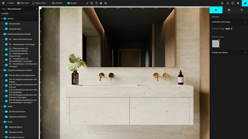 WP Configurator Pro backend showing complex layer structure with multiple groups, subgroups