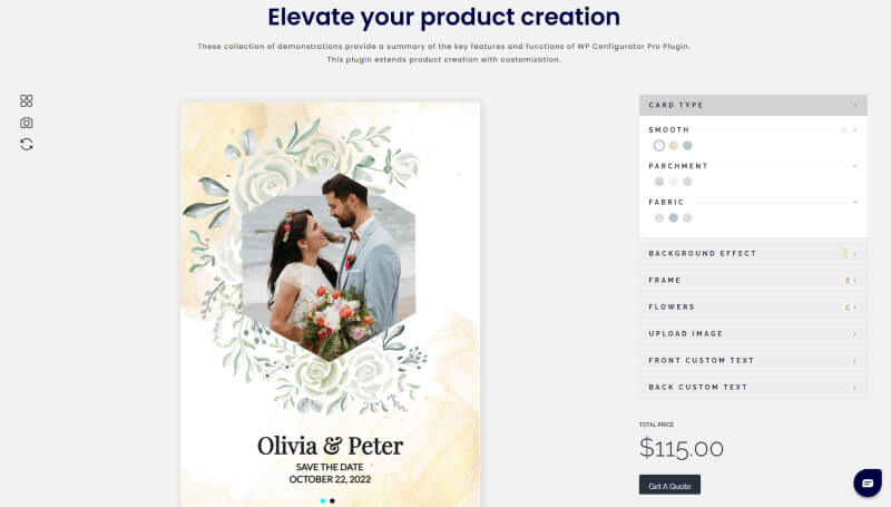 WP Configurator Pro interface showing real-time furniture customization with color and material options