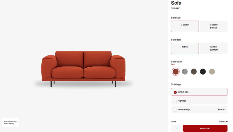 Staggs 3D product configurator showing furniture customization with AR preview capabilities