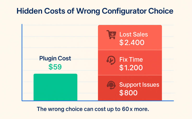 Infographic showing hidden costs of wrong configurator choice: lost sales, development time, support issues