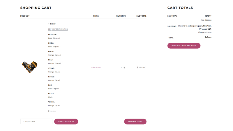 WooCommerce cart page showing configured product with customization details and pricing breakdown