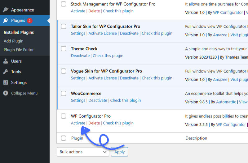 WP Configurator Plugin Active