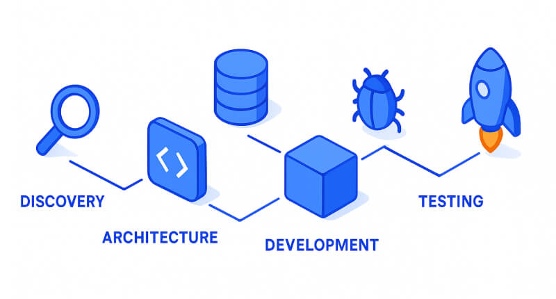 Timeline showing custom configurator development phases from discovery to launch and ongoing support