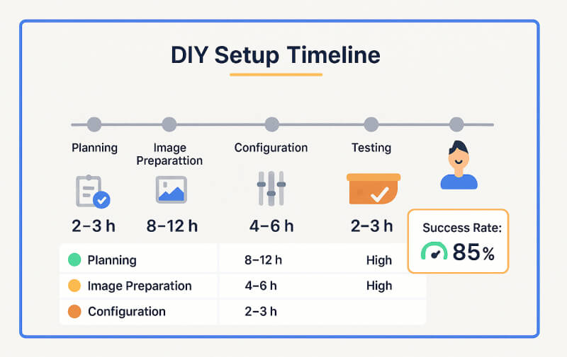 DIY setup timeline showing 15-25 hour process breakdown