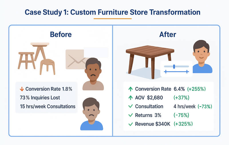 Before/After infographic showing furniture store transformation