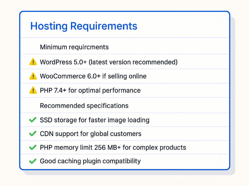 WordPress hosting requirements checklist with green checkmarks