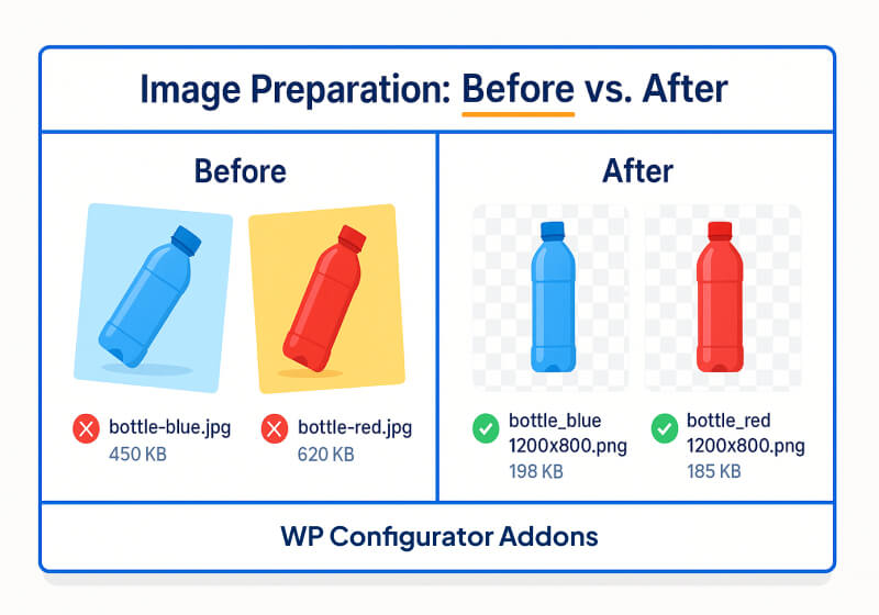 Example of properly prepared product images showing transparent backgrounds and consistent positioning